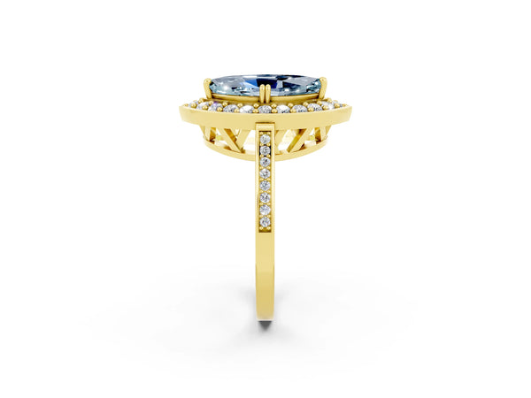 Yellow gold Marquise Cut Aquamarine Halo Ring with Split Shank and Four-Prong Setting