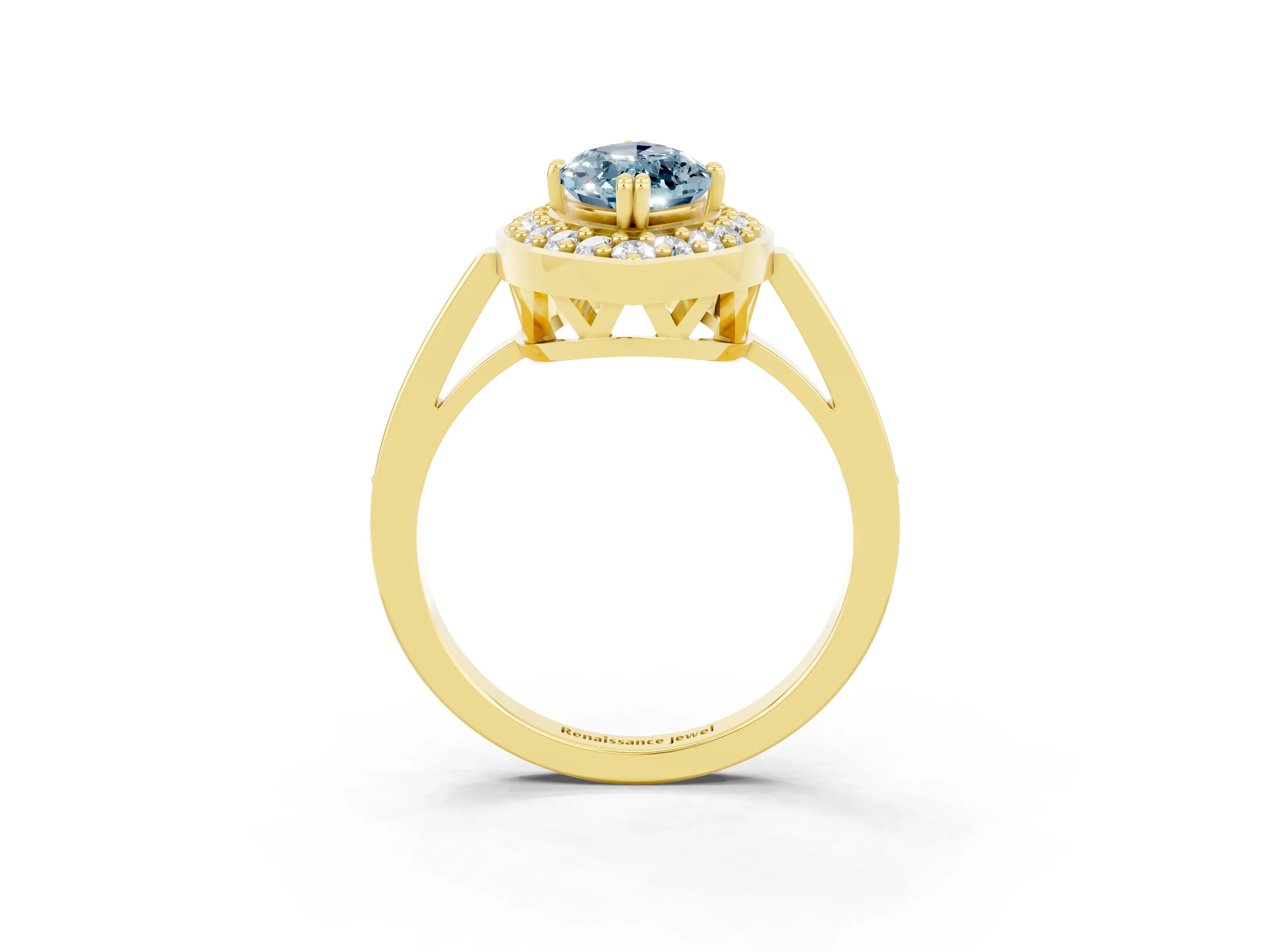 Yellow gold Marquise Cut Aquamarine Halo Ring with Split Shank and Four-Prong Setting_3
