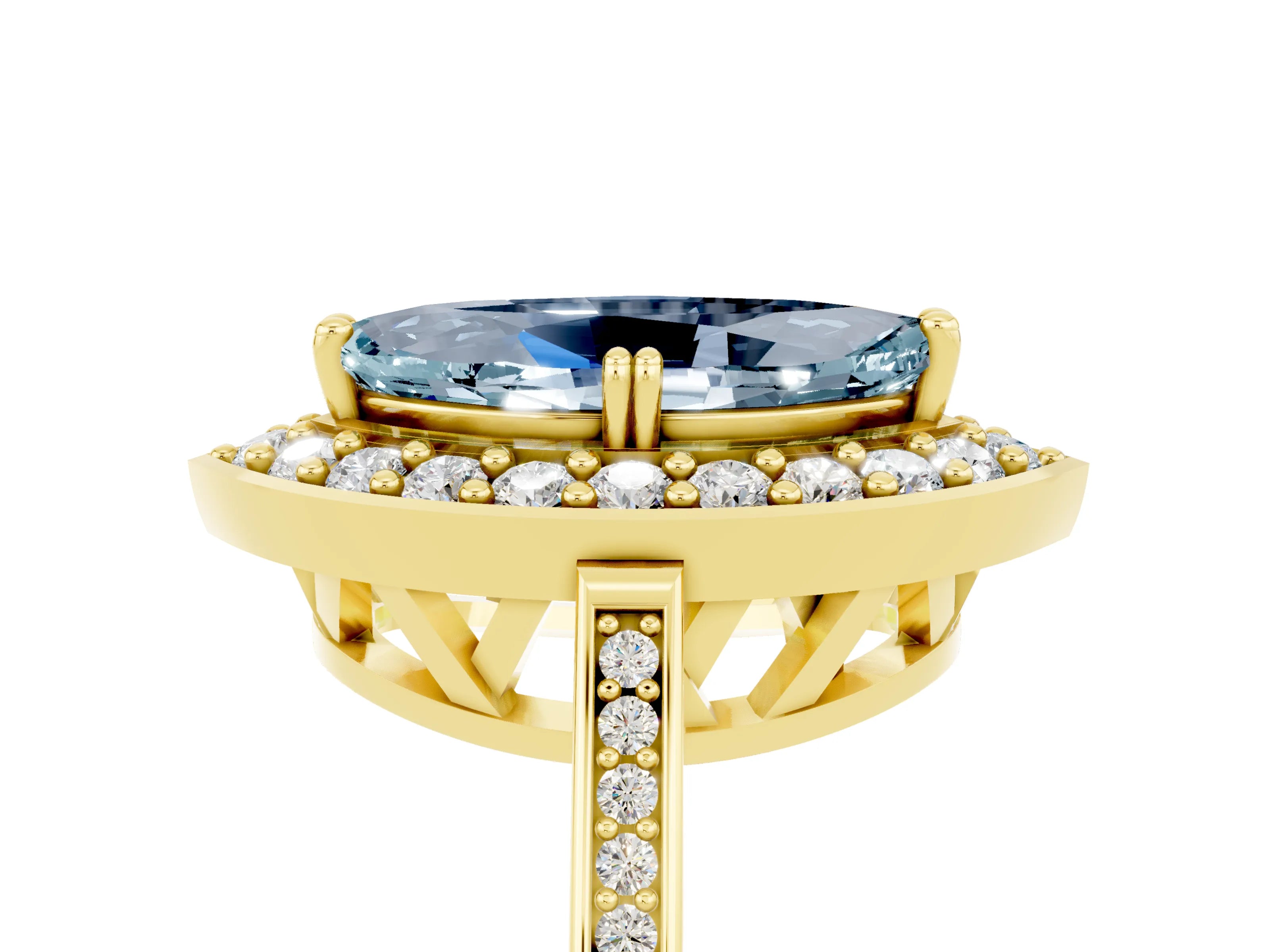 Yellow gold Marquise Cut Aquamarine Halo Ring with Split Shank and Four-Prong Setting_5