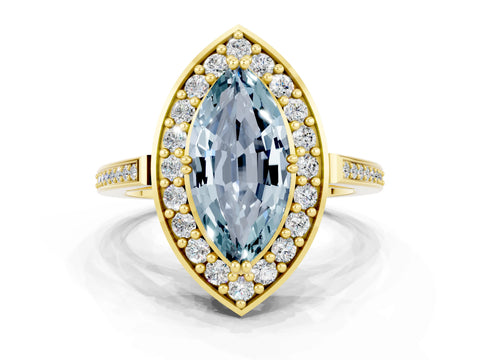 Yellow gold Marquise Cut Aquamarine Halo Ring with Split Shank and Four-Prong Setting