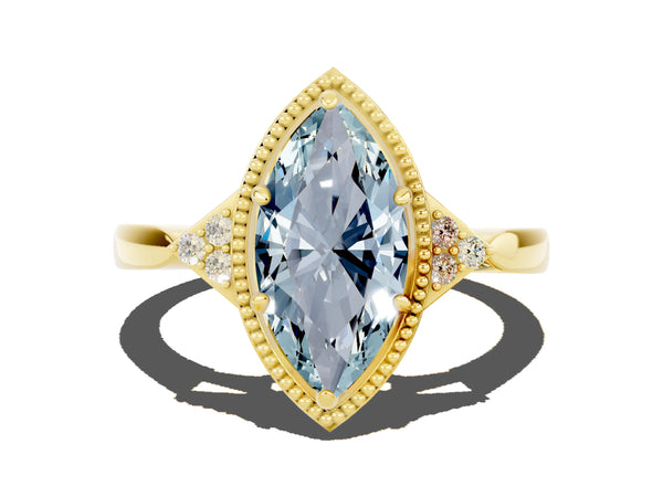 Yellow gold Marquise Cut Aquamarine Halo Ring with Tapered Band and Four-Prong Setting