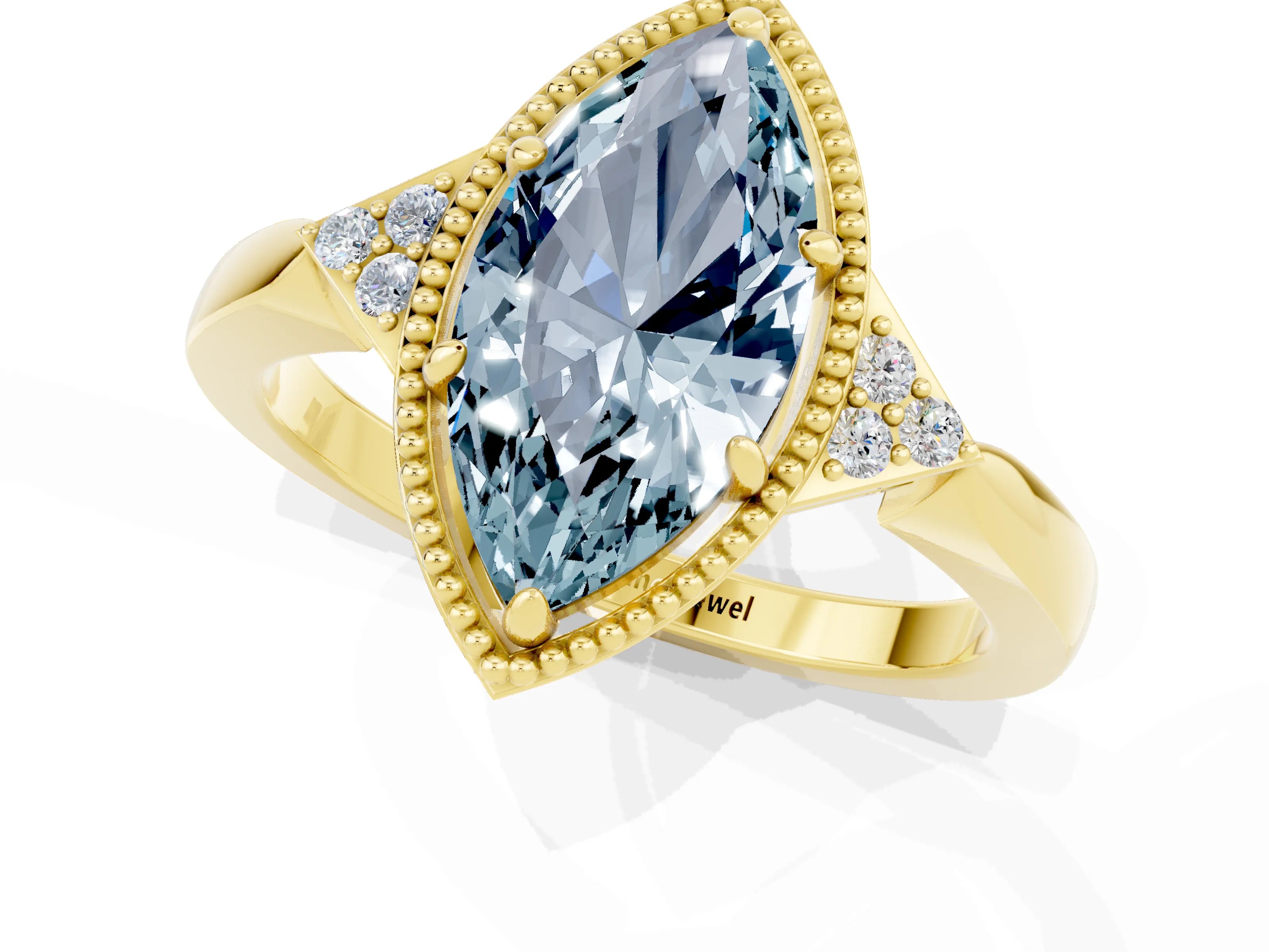Yellow gold Marquise Cut Aquamarine Halo Ring with Tapered Band and Four-Prong Setting_1