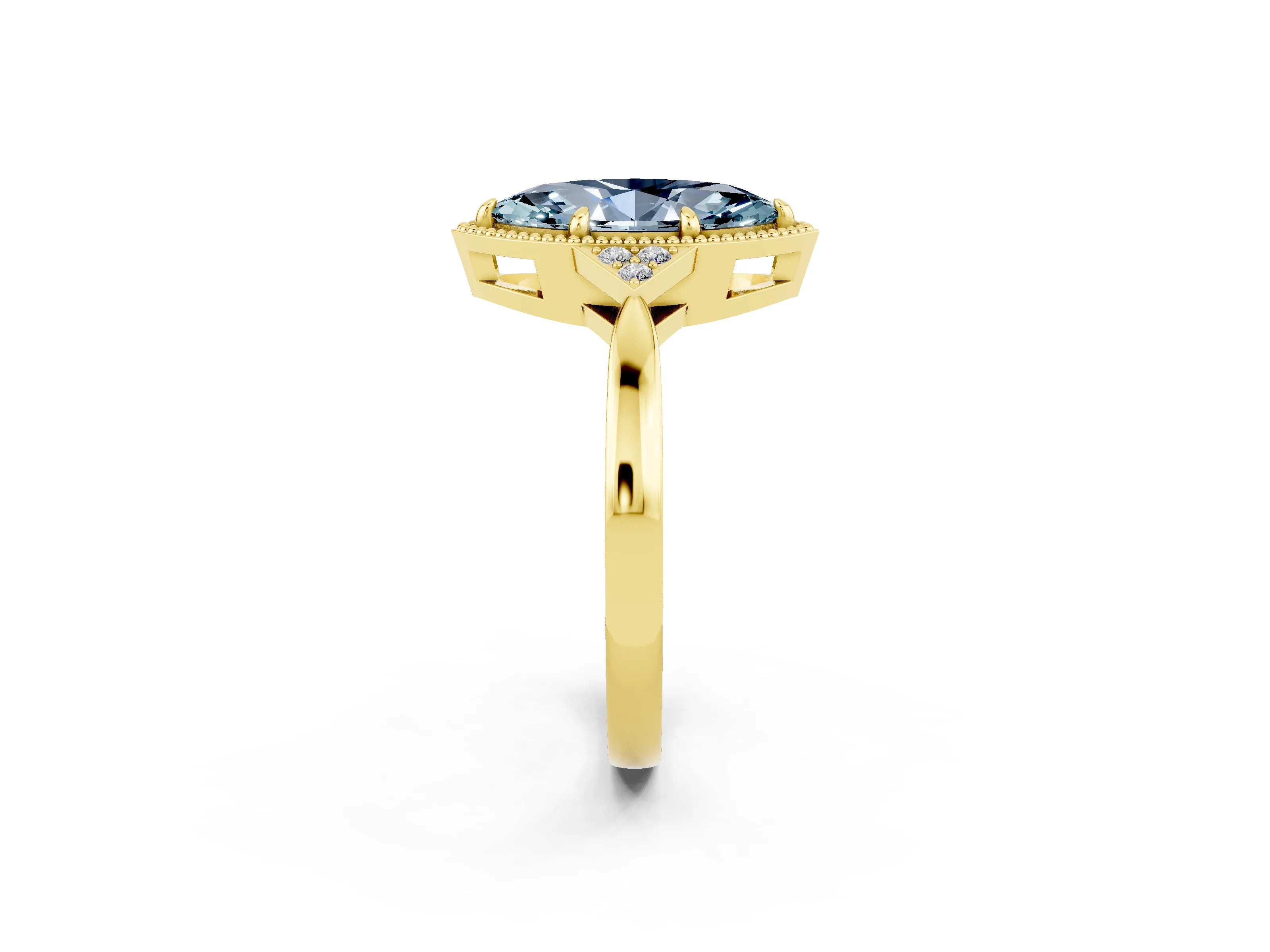 Yellow gold Marquise Cut Aquamarine Halo Ring with Tapered Band and Four-Prong Setting_2