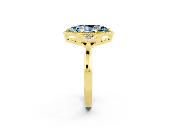 Yellow gold Marquise Cut Aquamarine Halo Ring with Tapered Band and Four-Prong Setting