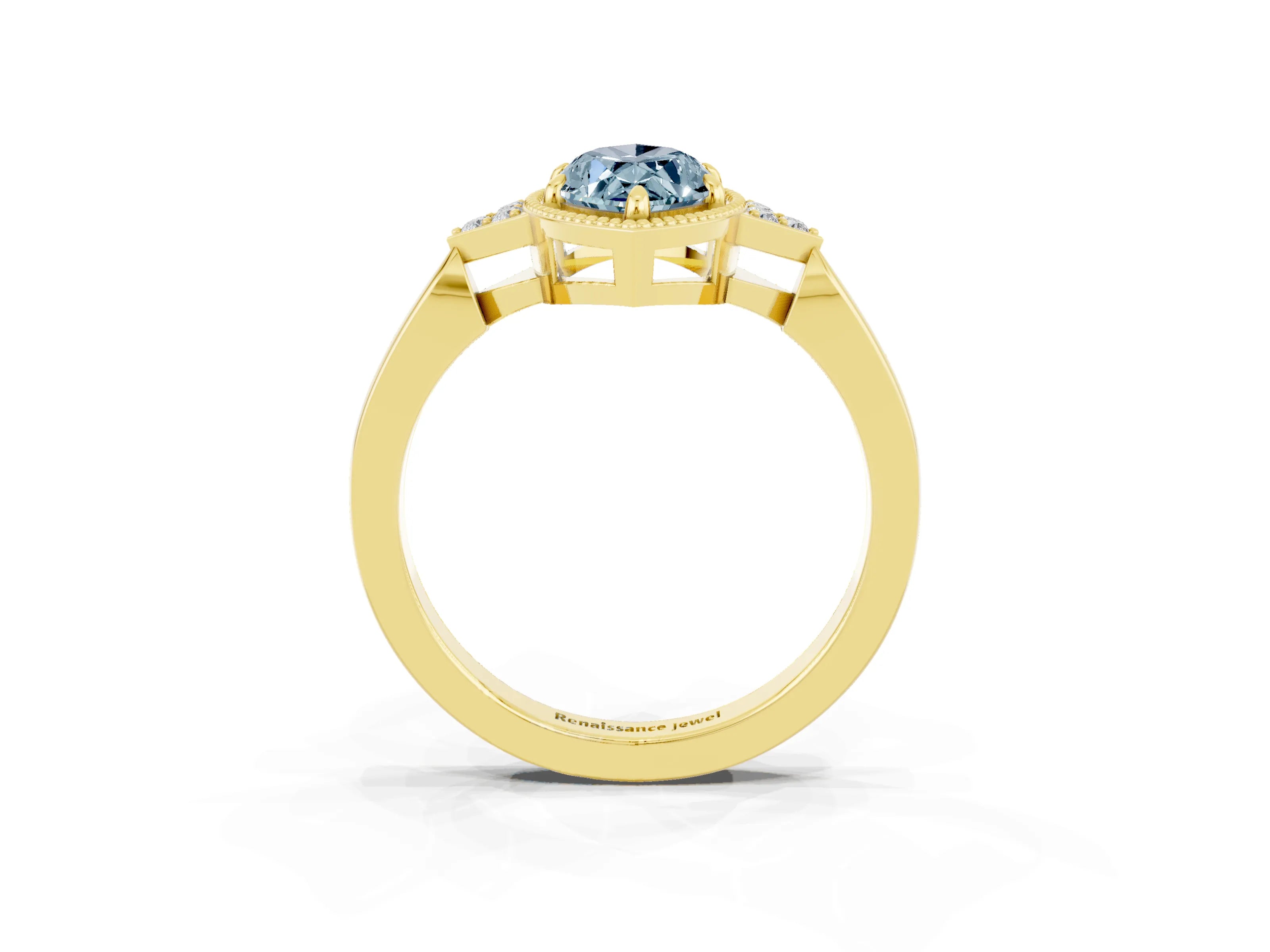 Yellow gold Marquise Cut Aquamarine Halo Ring with Tapered Band and Four-Prong Setting_3