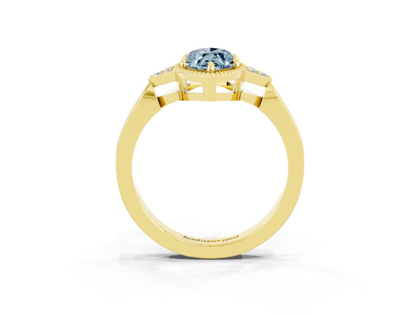 Yellow gold Marquise Cut Aquamarine Halo Ring with Tapered Band and Four-Prong Setting