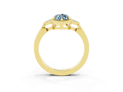 Yellow gold Marquise Cut Aquamarine Halo Ring with Tapered Band and Four-Prong Setting_3