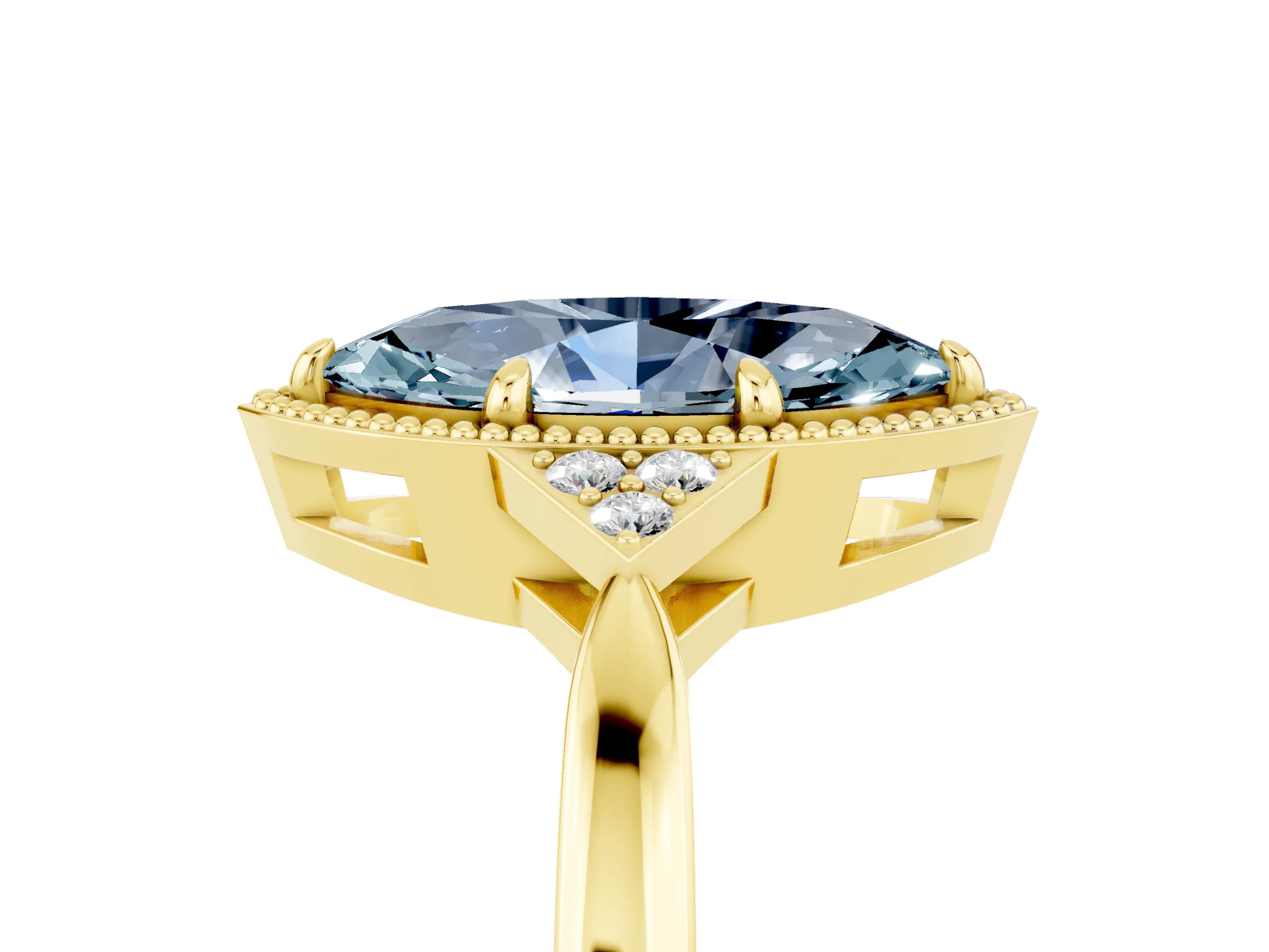 Yellow gold Marquise Cut Aquamarine Halo Ring with Tapered Band and Four-Prong Setting_5