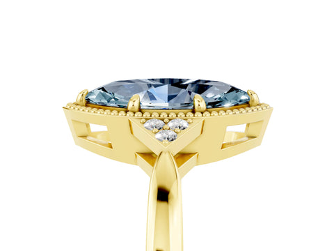 Yellow gold Marquise Cut Aquamarine Halo Ring with Tapered Band and Four-Prong Setting_5