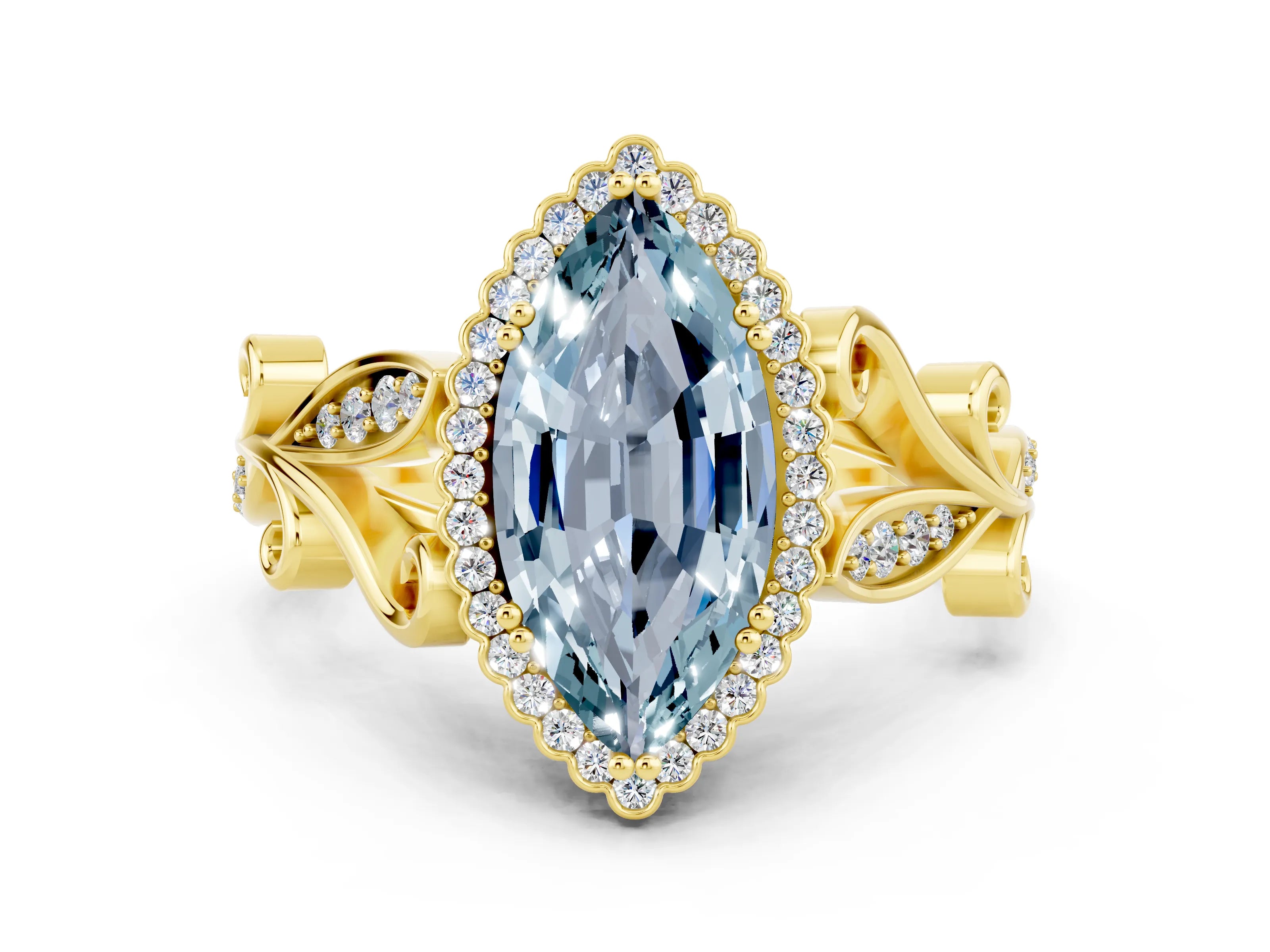 Yellow gold Marquise Cut Aquamarine Halo Ring with Vintage Split Shank and Four-Prong Setting
