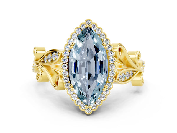 Yellow gold Marquise Cut Aquamarine Halo Ring with Vintage Split Shank and Four-Prong Setting