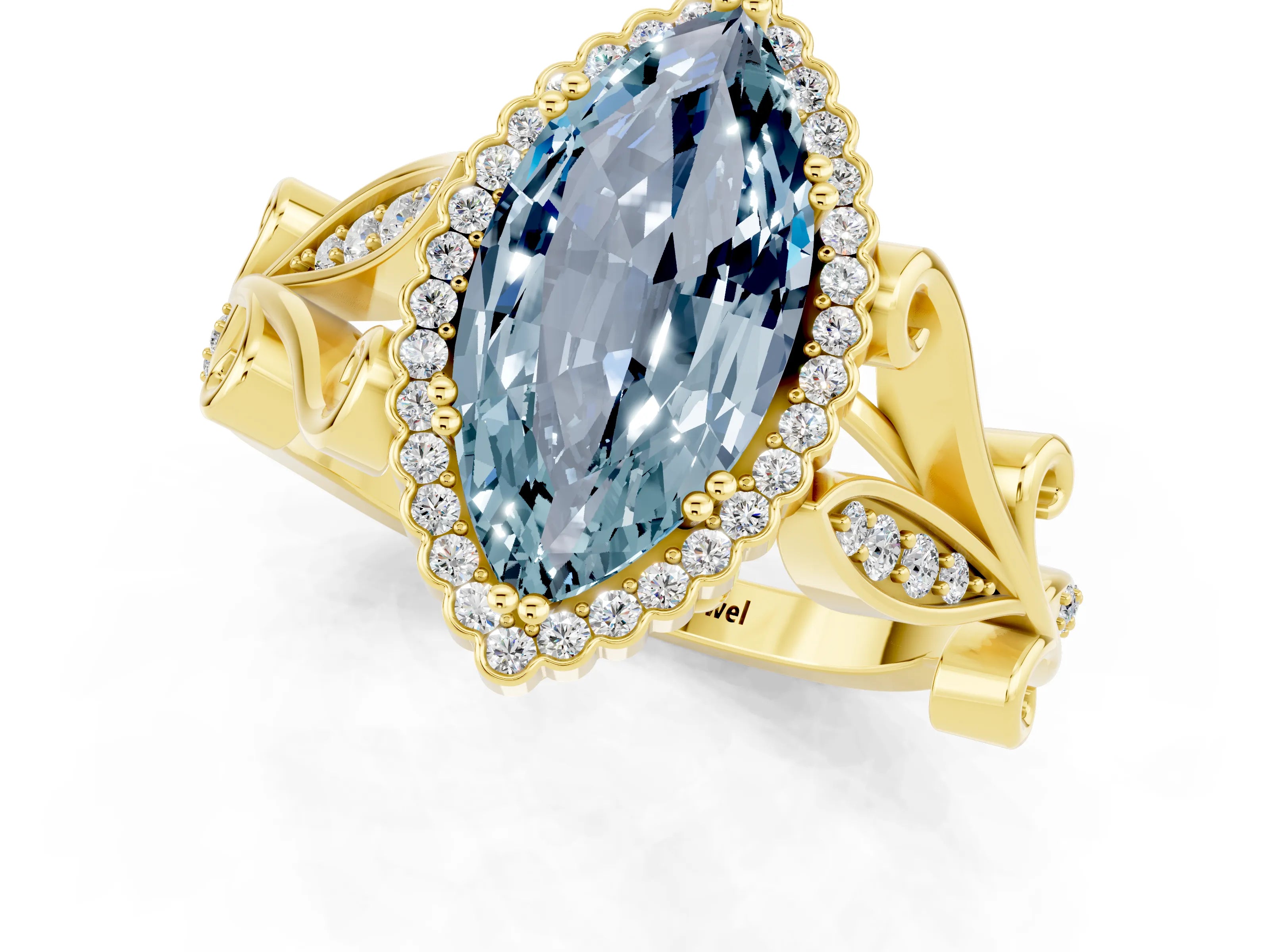 Yellow gold Marquise Cut Aquamarine Halo Ring with Vintage Split Shank and Four-Prong Setting_1