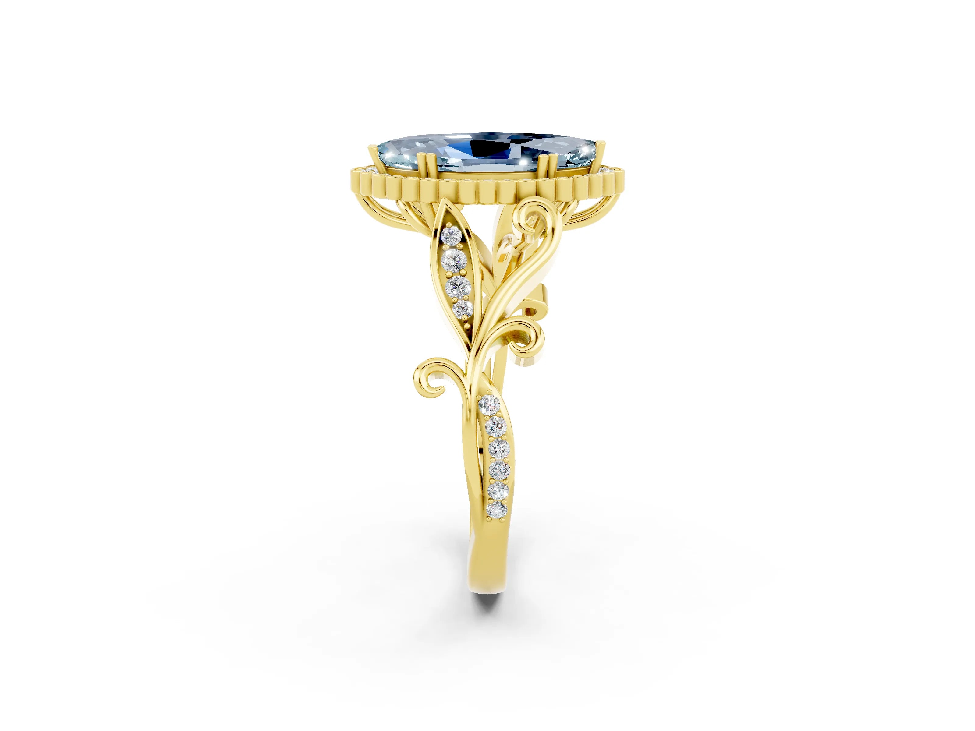 Yellow gold Marquise Cut Aquamarine Halo Ring with Vintage Split Shank and Four-Prong Setting_2