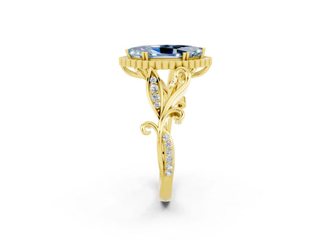 Yellow gold Marquise Cut Aquamarine Halo Ring with Vintage Split Shank and Four-Prong Setting_2