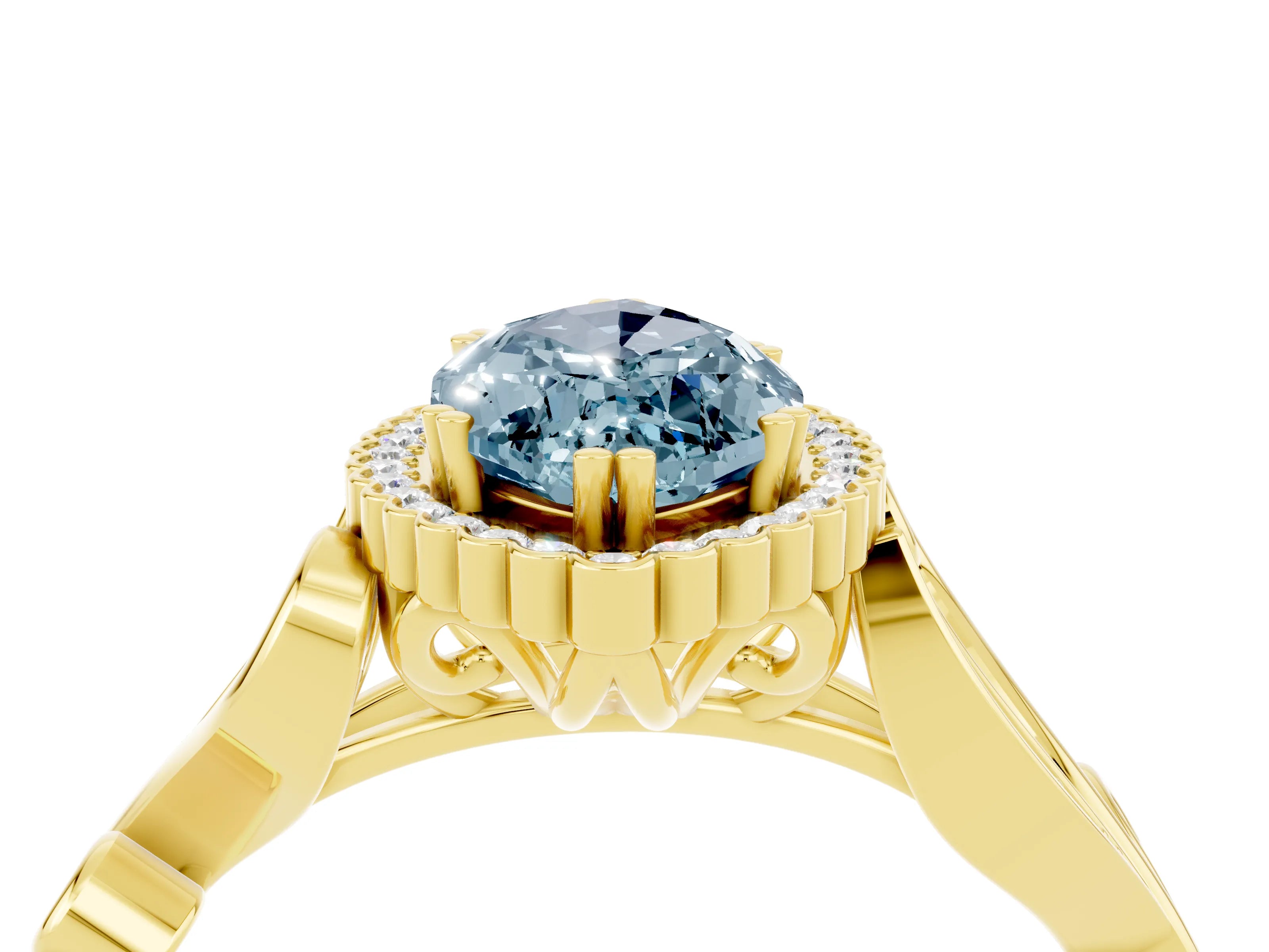 Yellow gold Marquise Cut Aquamarine Halo Ring with Vintage Split Shank and Four-Prong Setting_4