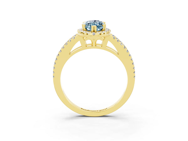 Yellow gold Marquise Cut Aquamarine Halo Split Shank Engagement Ring
