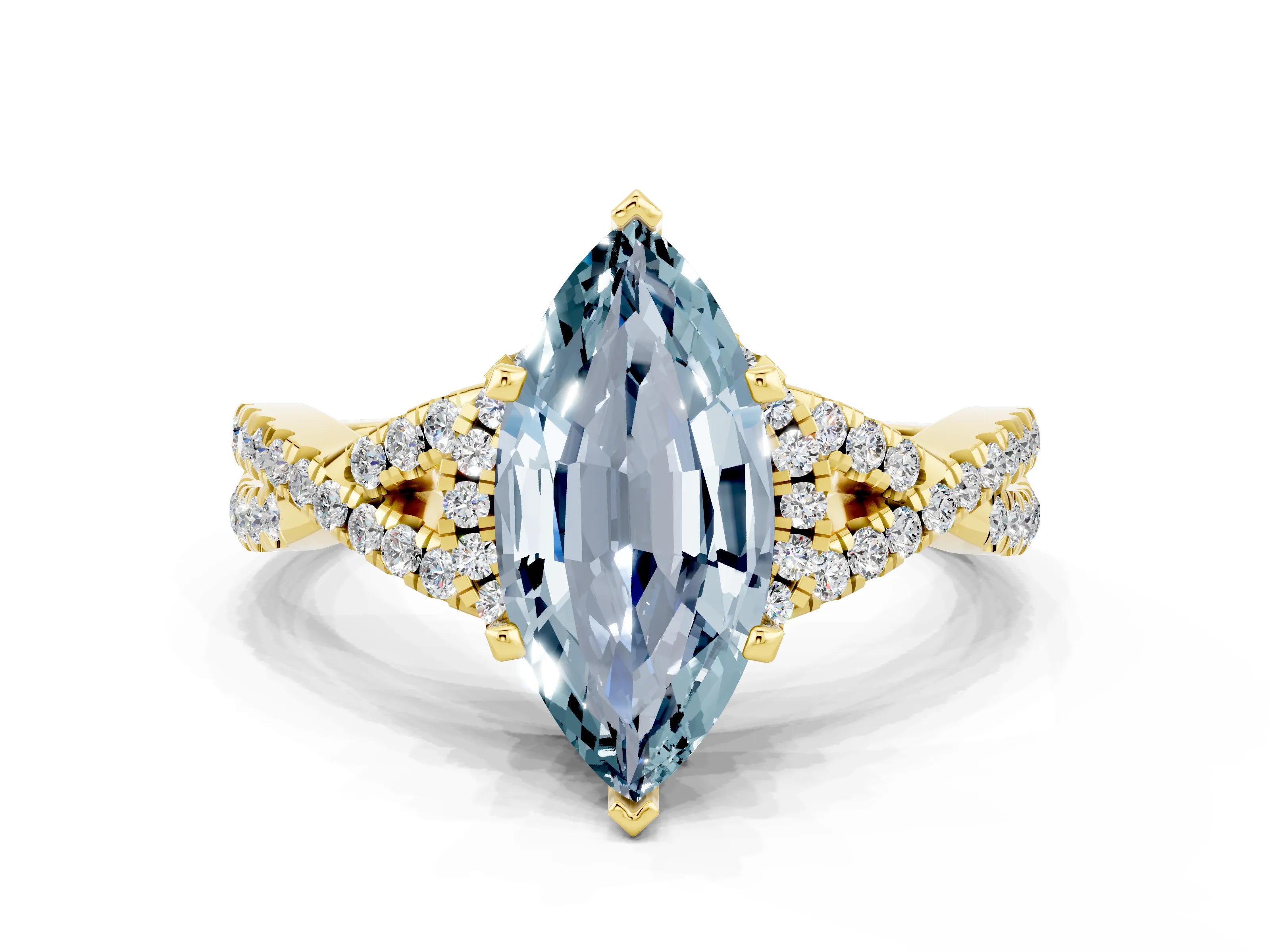Yellow gold Marquise Cut Aquamarine Halo Twist Band Solitaire Prong Setting Ring