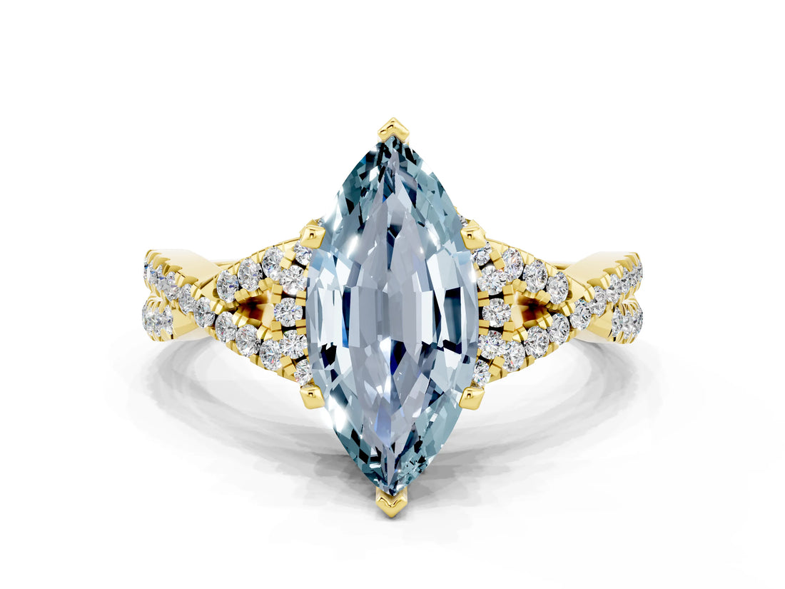 Yellow gold Marquise Cut Aquamarine Halo Twist Band Solitaire Prong Setting Ring