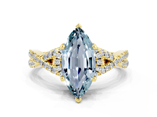 Yellow gold Marquise Cut Aquamarine  Halo Twist Band Solitaire Prong Setting Ring