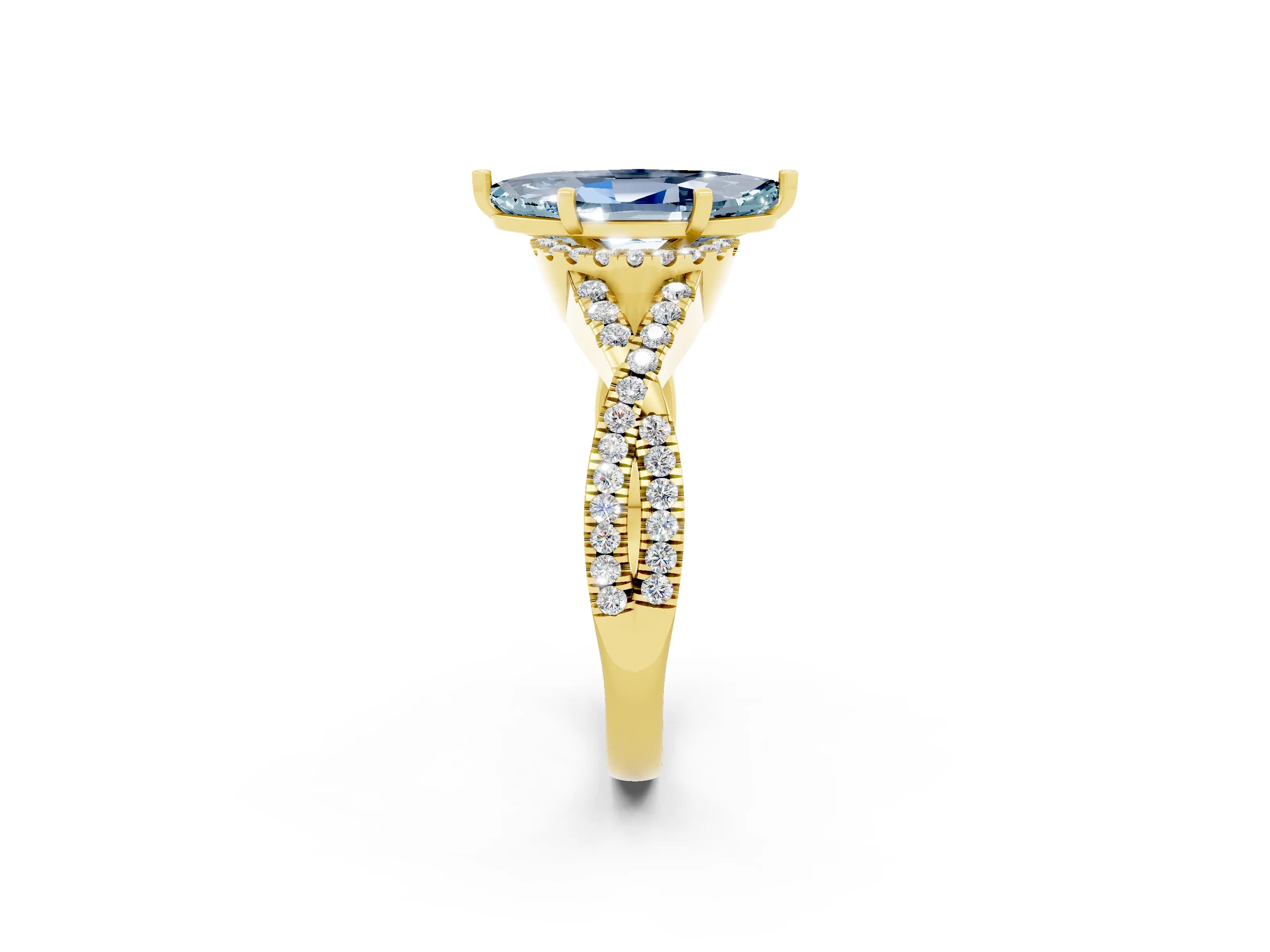 Yellow gold Marquise Cut Aquamarine Halo Twist Band Solitaire Prong Setting Ring_2