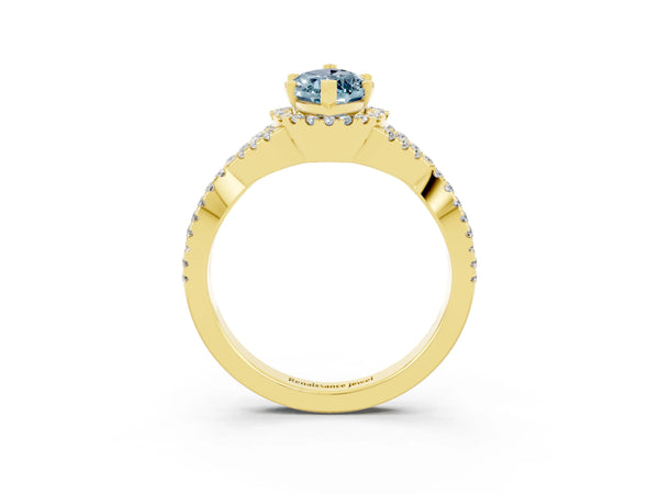 Yellow gold Marquise Cut Aquamarine  Halo Twist Band Solitaire Prong Setting Ring