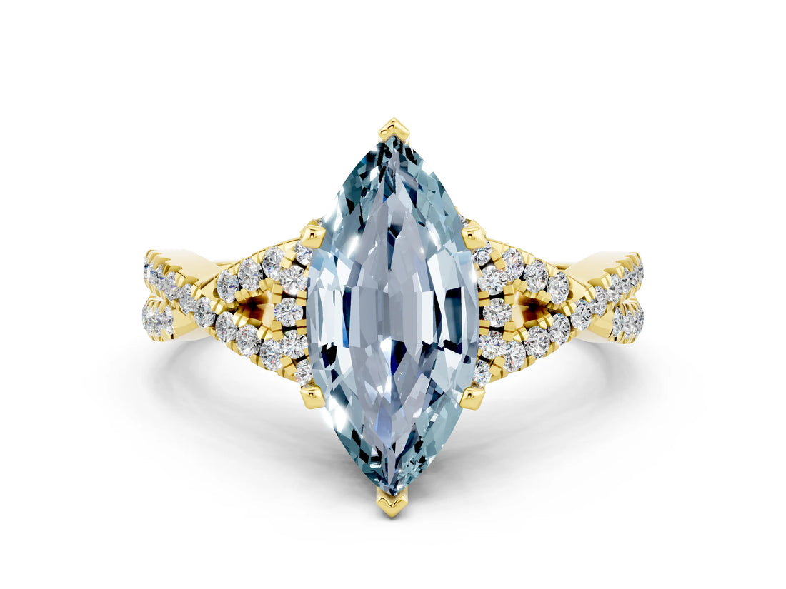 Yellow gold Marquise Cut Aquamarine  Halo Twist Band Solitaire Prong Setting Ring_42