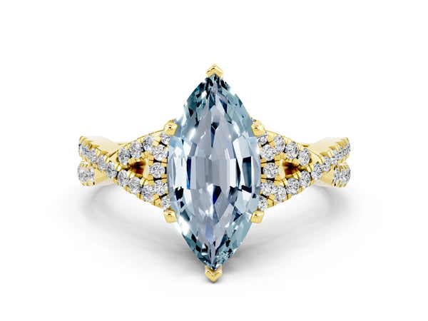 Yellow gold Marquise Cut Aquamarine  Halo Twist Band Solitaire Prong Setting Ring