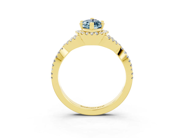 Yellow gold Marquise Cut Aquamarine  Halo Twist Band Solitaire Prong Setting Ring