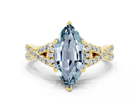Yellow gold Marquise Cut Aquamarine Halo Twist Band Solitaire Prong Setting Ring