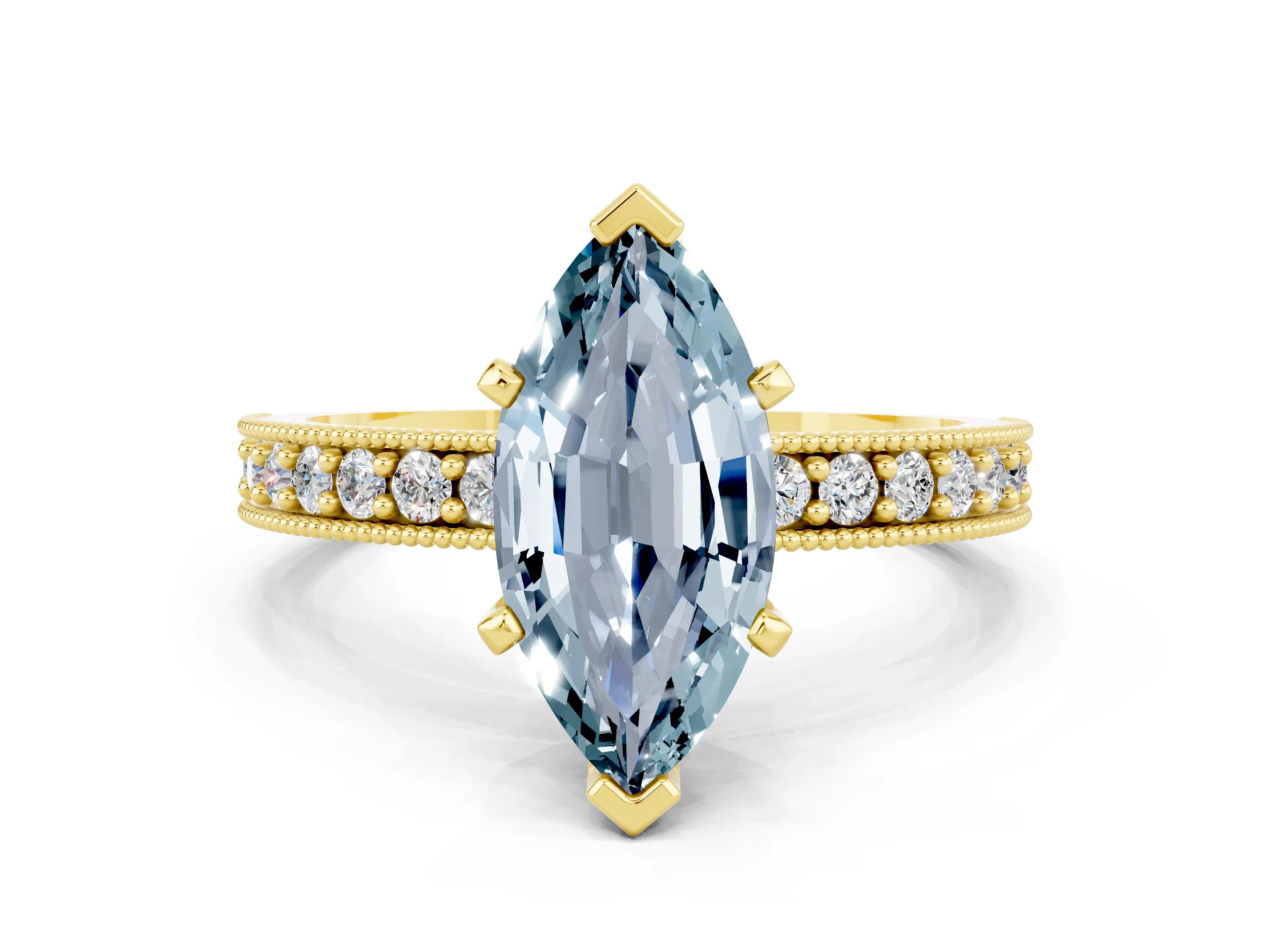Yellow gold Marquise Cut Aquamarine Milgrain Pavé Engagement Ring with Four-Prong Setting