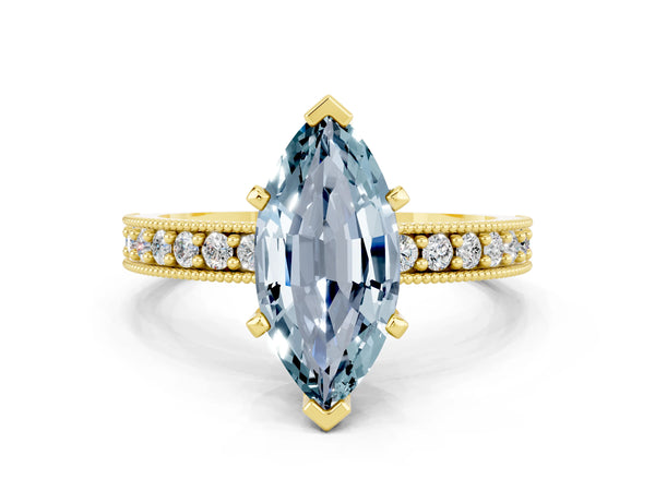 Yellow gold Marquise Cut Aquamarine Milgrain Pavé Engagement Ring with Four-Prong Setting