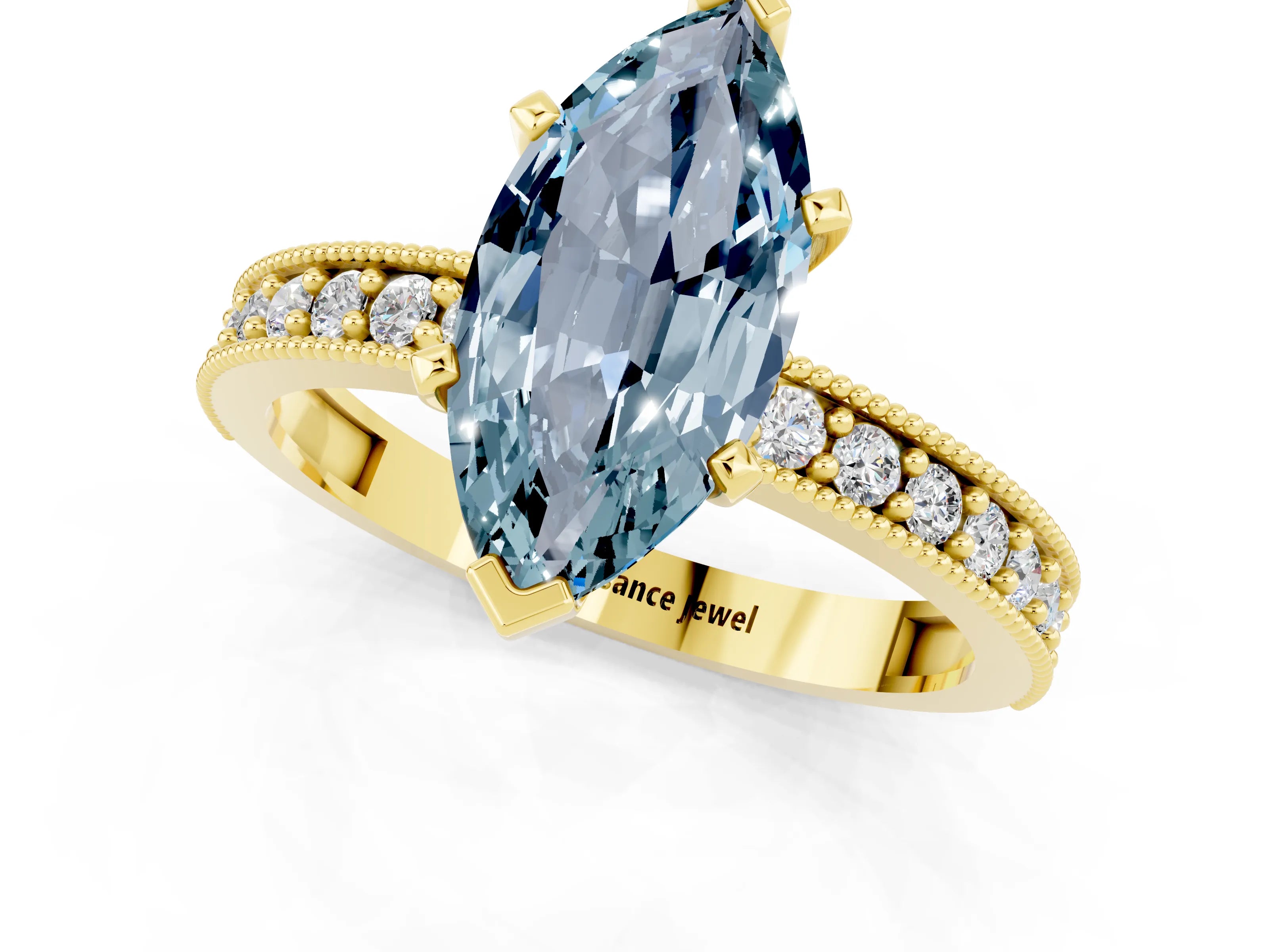 Yellow gold Marquise Cut Aquamarine Milgrain Pavé Engagement Ring with Four-Prong Setting_1