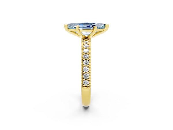 Yellow gold Marquise Cut Aquamarine Milgrain Pavé Engagement Ring with Four-Prong Setting