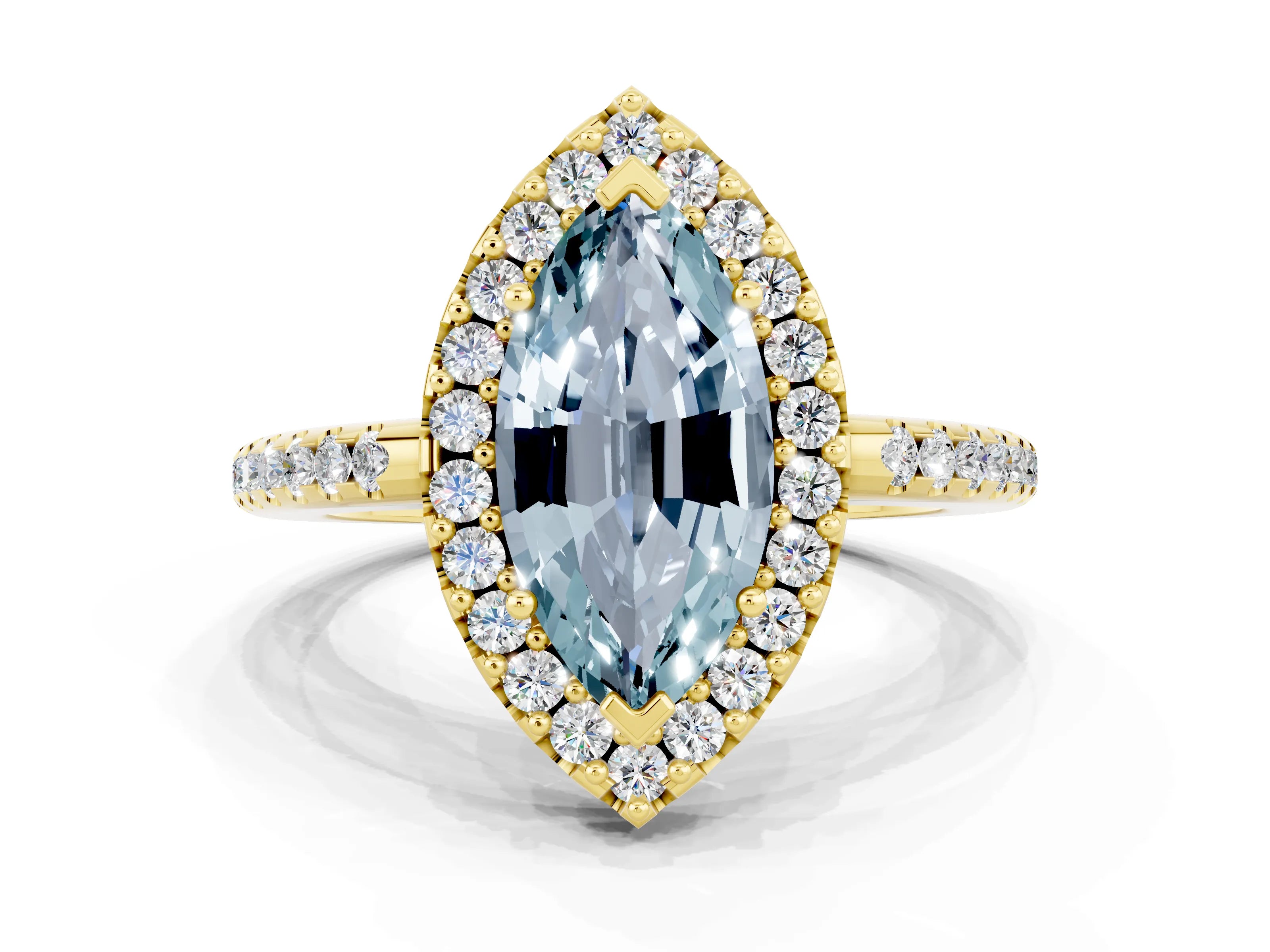 Yellow gold Marquise Cut Aquamarine Pavé Halo Ring with Four-Prong Setting_12