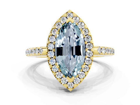 Yellow gold Marquise Cut Aquamarine Pavé Halo Ring with Four-Prong Setting_12