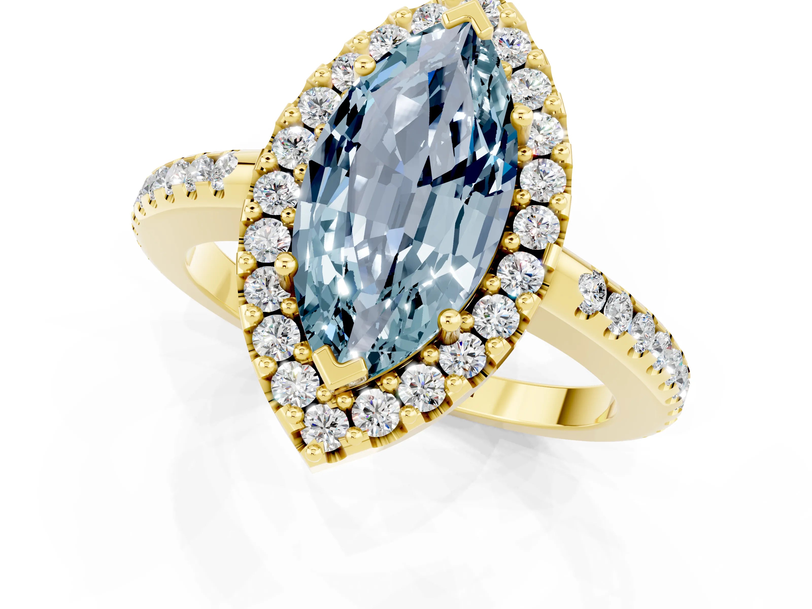Yellow gold Marquise Cut Aquamarine Pavé Halo Ring with Four-Prong Setting_13