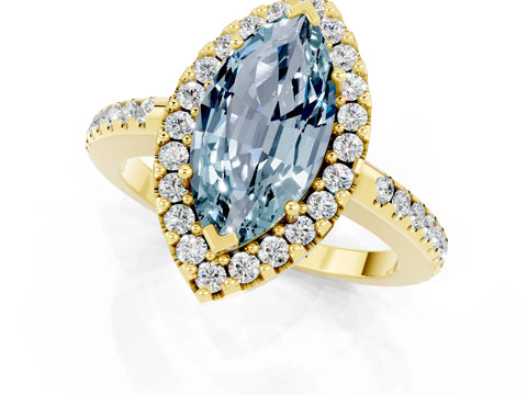 Yellow gold Marquise Cut Aquamarine Pavé Halo Ring with Four-Prong Setting_13