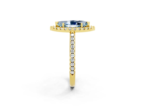 Yellow gold Marquise Cut Aquamarine Pavé Halo Ring with Four-Prong Setting