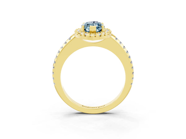 Yellow gold Marquise Cut Aquamarine Pavé Halo Ring with Four-Prong Setting