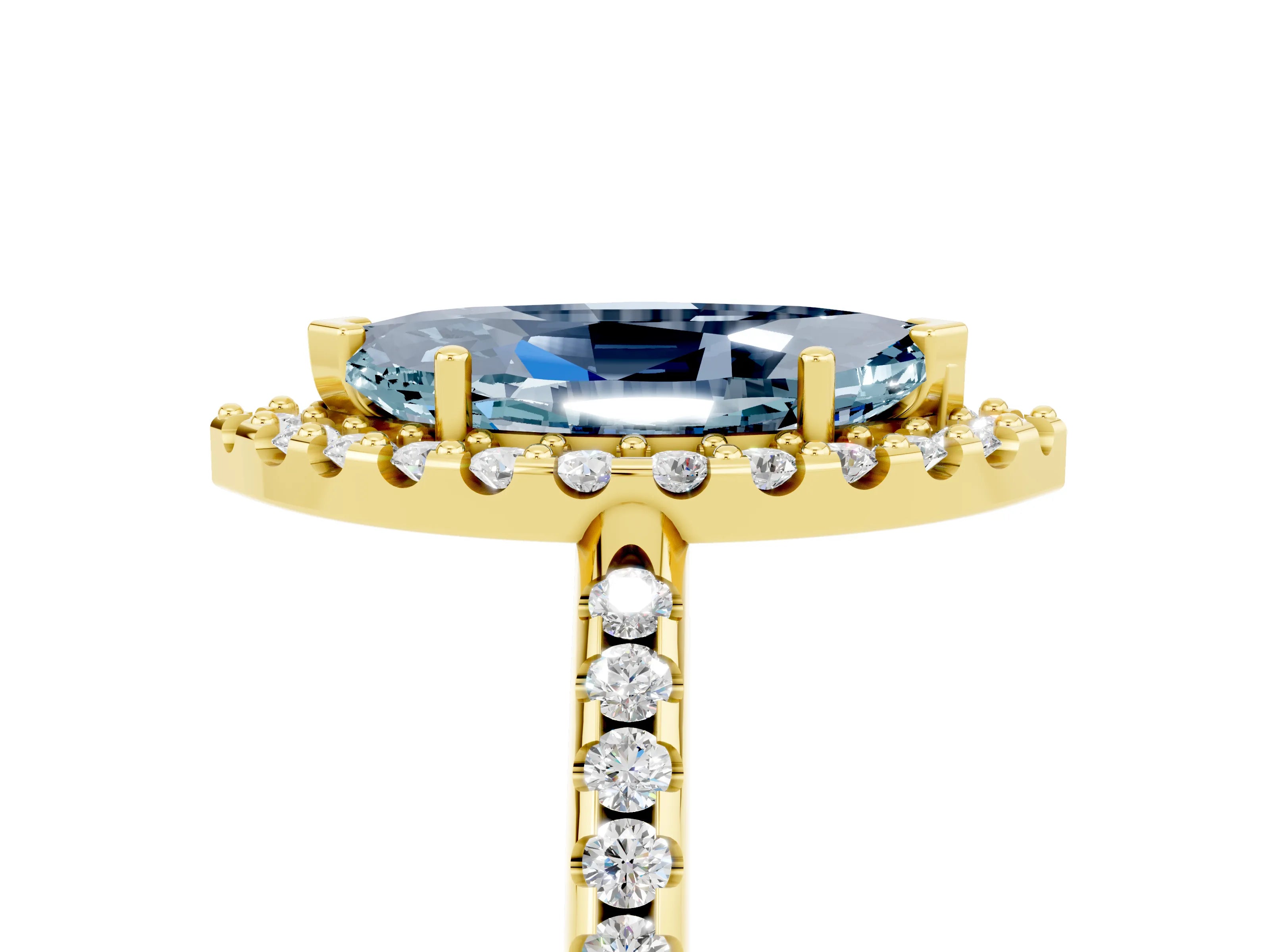 Yellow gold Marquise Cut Aquamarine Pavé Halo Ring with Four-Prong Setting_17