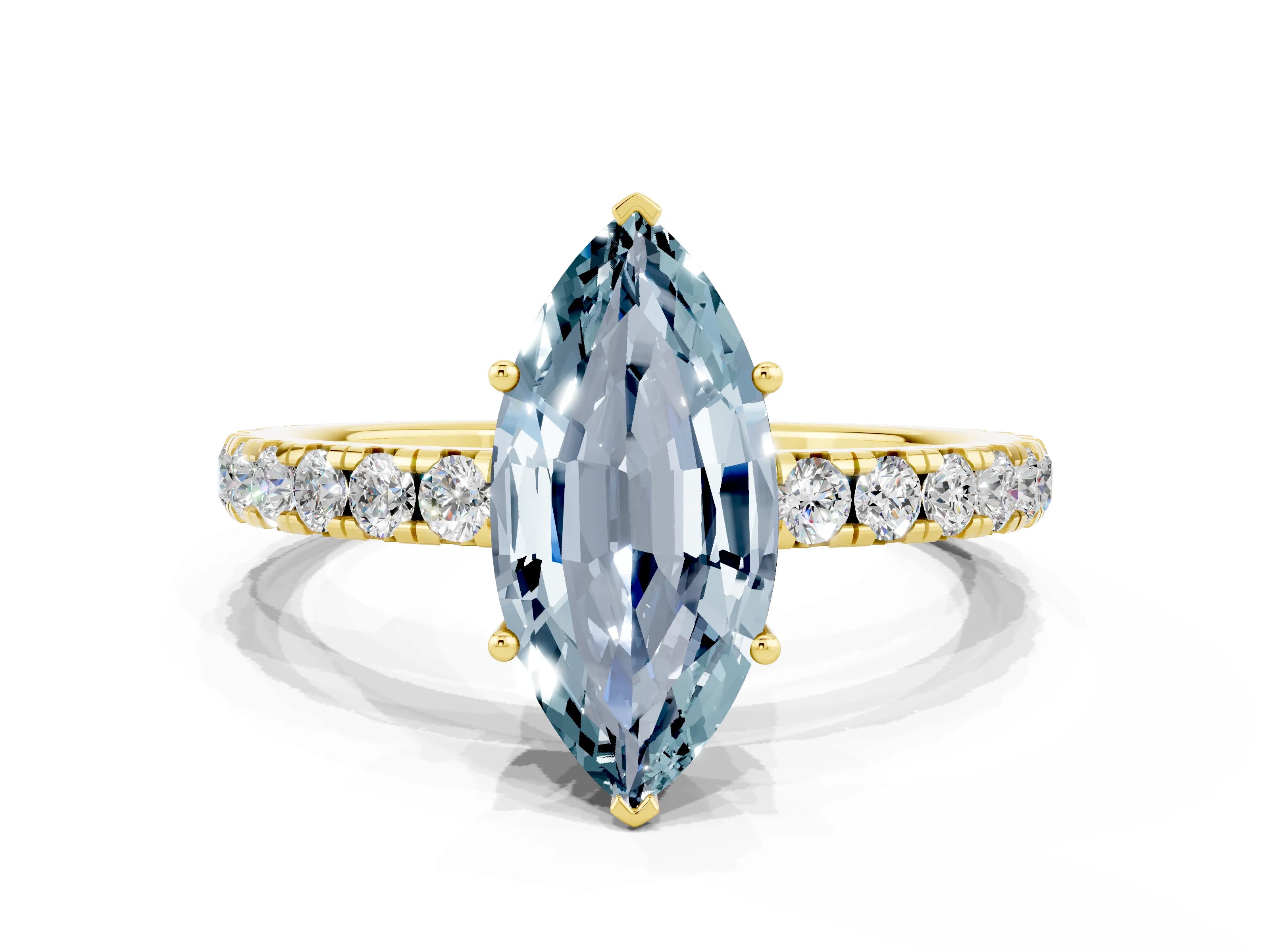 Yellow gold Marquise Cut Aquamarine Pavé Solitaire Engagement Ring with Four-Prong Setting_12