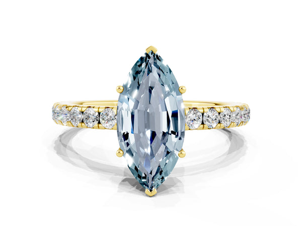 Yellow gold Marquise Cut Aquamarine Pavé Solitaire Engagement Ring with Four-Prong Setting