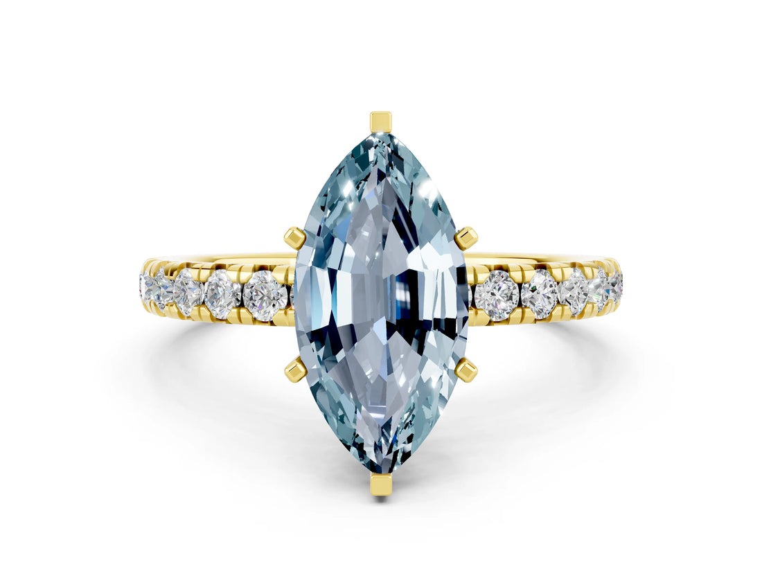 Yellow gold Marquise Cut Aquamarine Pavé Solitaire Ring with Round Band and Prong Setting_24