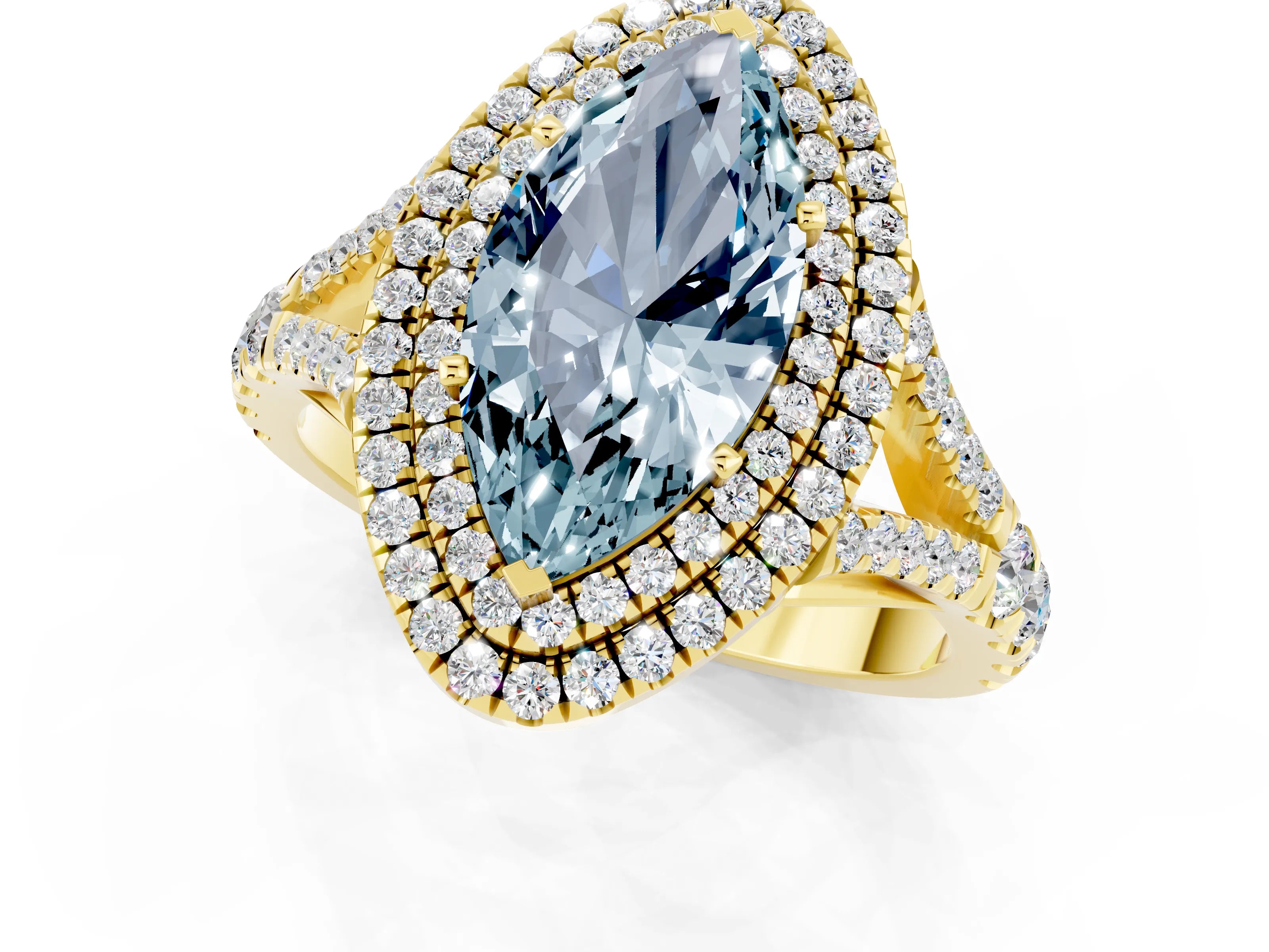 Yellow gold Marquise Cut Aquamarine Pavé Split Shank Double Halo Engagement Ring_1