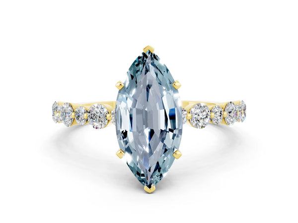 Yellow gold Marquise Cut Aquamarine Prong Set Engagement Ring with Pavé Band