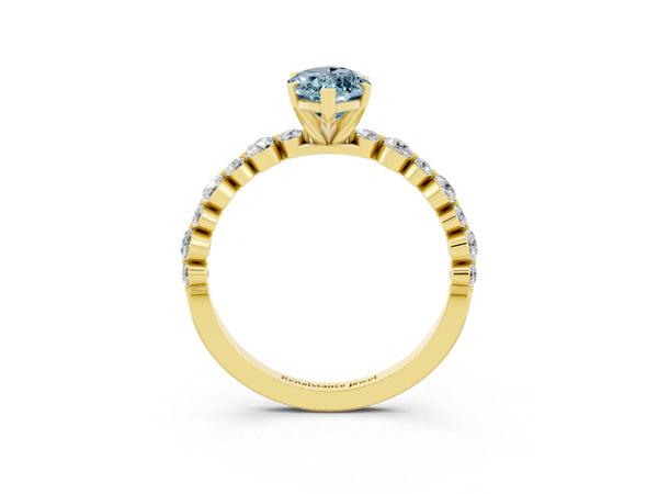Yellow gold Marquise Cut Aquamarine Prong Set Engagement Ring with Pavé Band