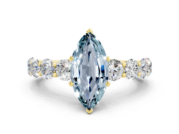Yellow gold Marquise Cut Aquamarine Prong Setting with Side Stones on a Pave Band