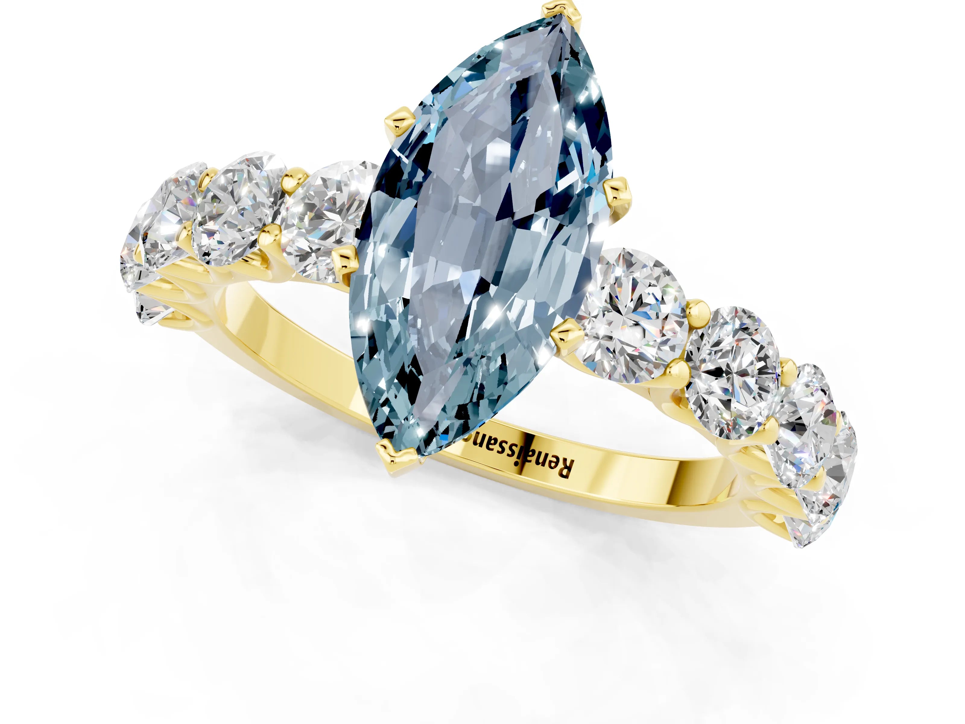 Yellow gold Marquise Cut Aquamarine Prong Setting with Side Stones on a Pave Band_1