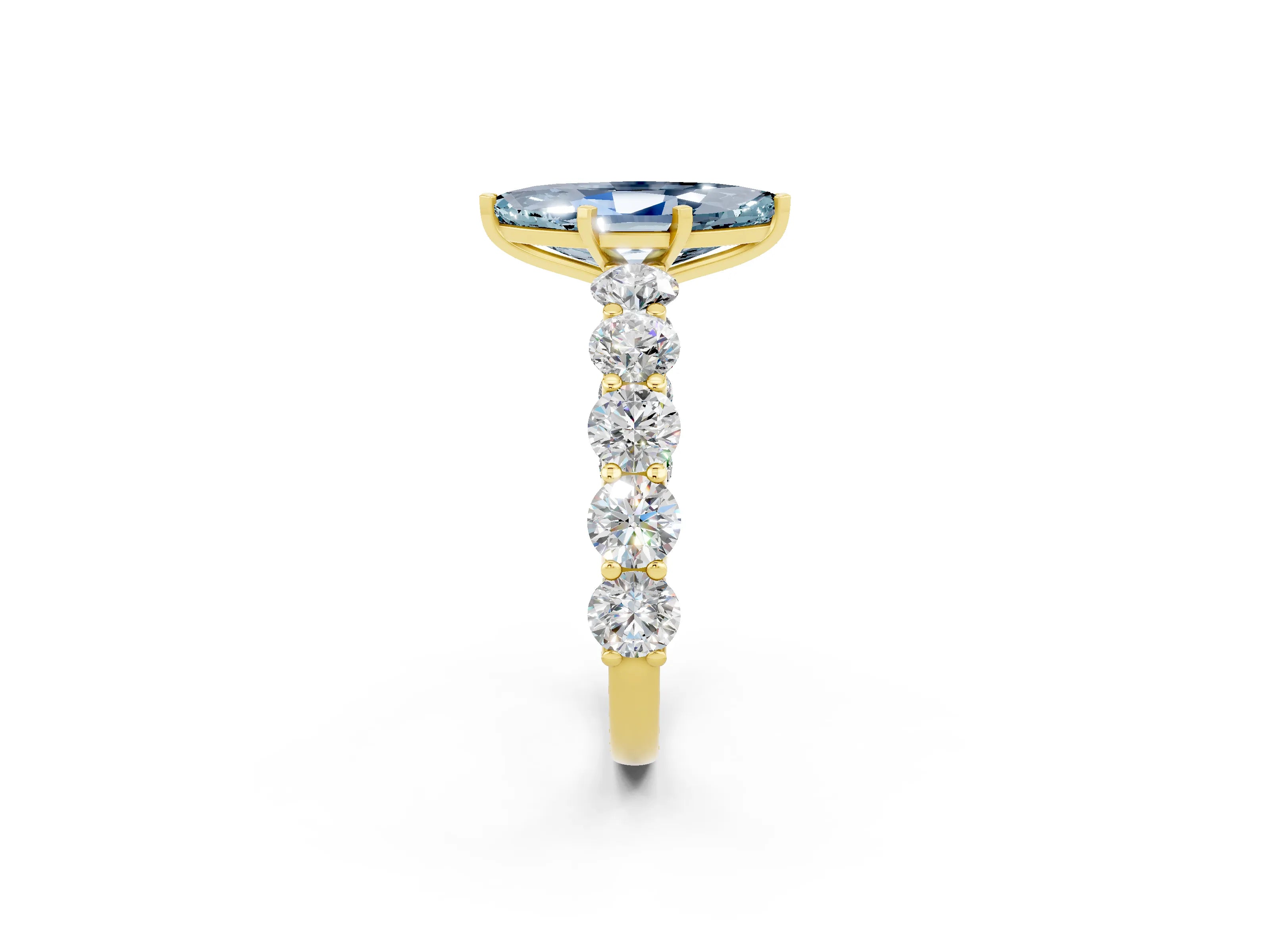 Yellow gold Marquise Cut Aquamarine Prong Setting with Side Stones on a Pave Band_2