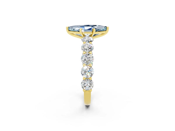 Yellow gold Marquise Cut Aquamarine Prong Setting with Side Stones on a Pave Band
